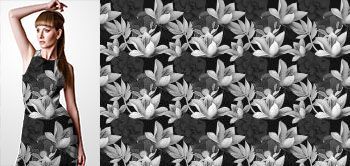 12027 Materiał ze wzorem monochromatyczne tropikalne kwiaty i liście